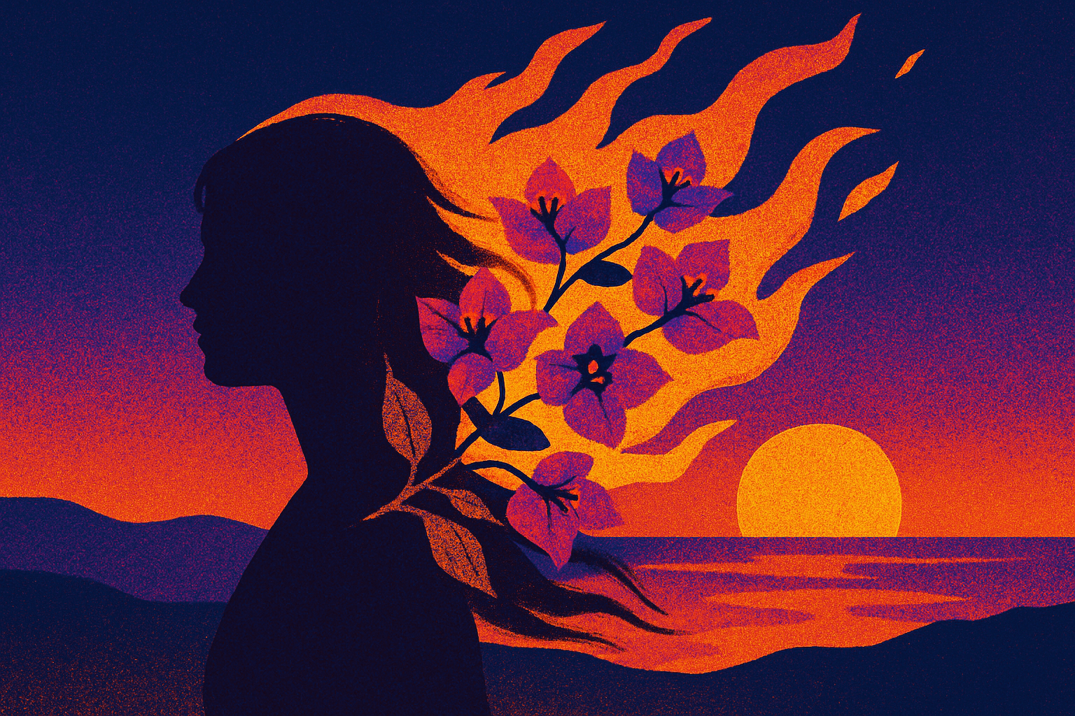 Visual interpretation of "Bougainvillea": I watched her hair catch fire; On the promontory.
