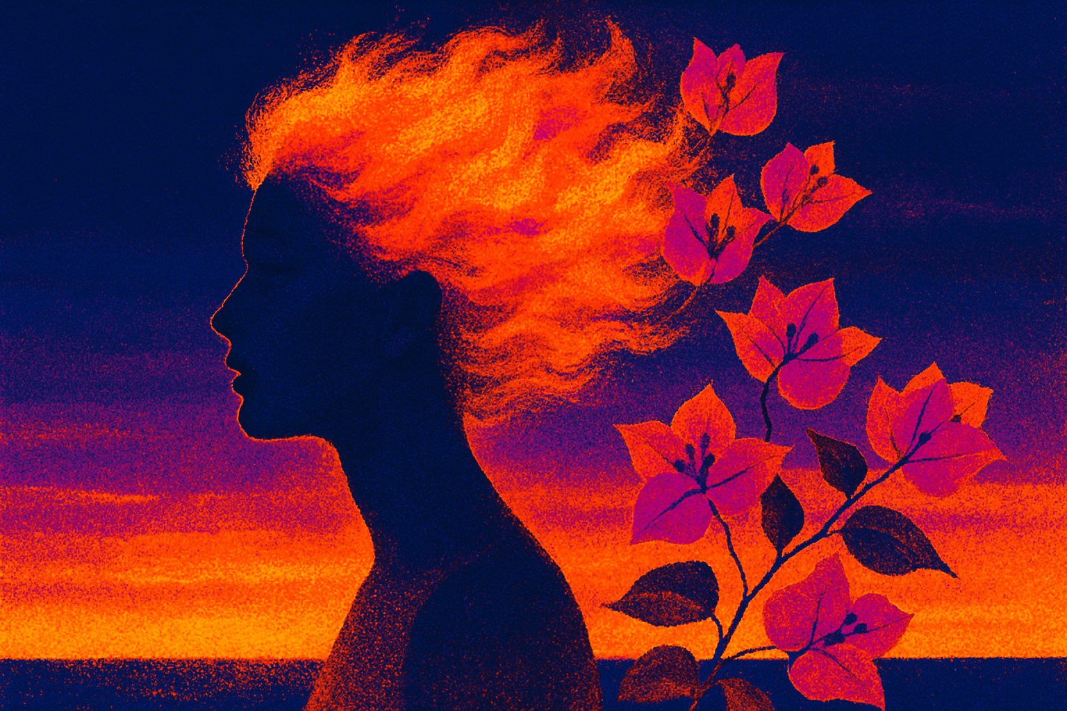 Visual interpretation of "Bougainvillea": I watched her hair catch fire; On the promontory.