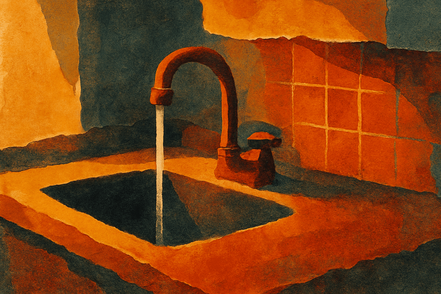 Visual interpretation of "Sleeping on the couch in the old house": Sleeping on the couch in the old house; Where the faucet pours hope and doubt