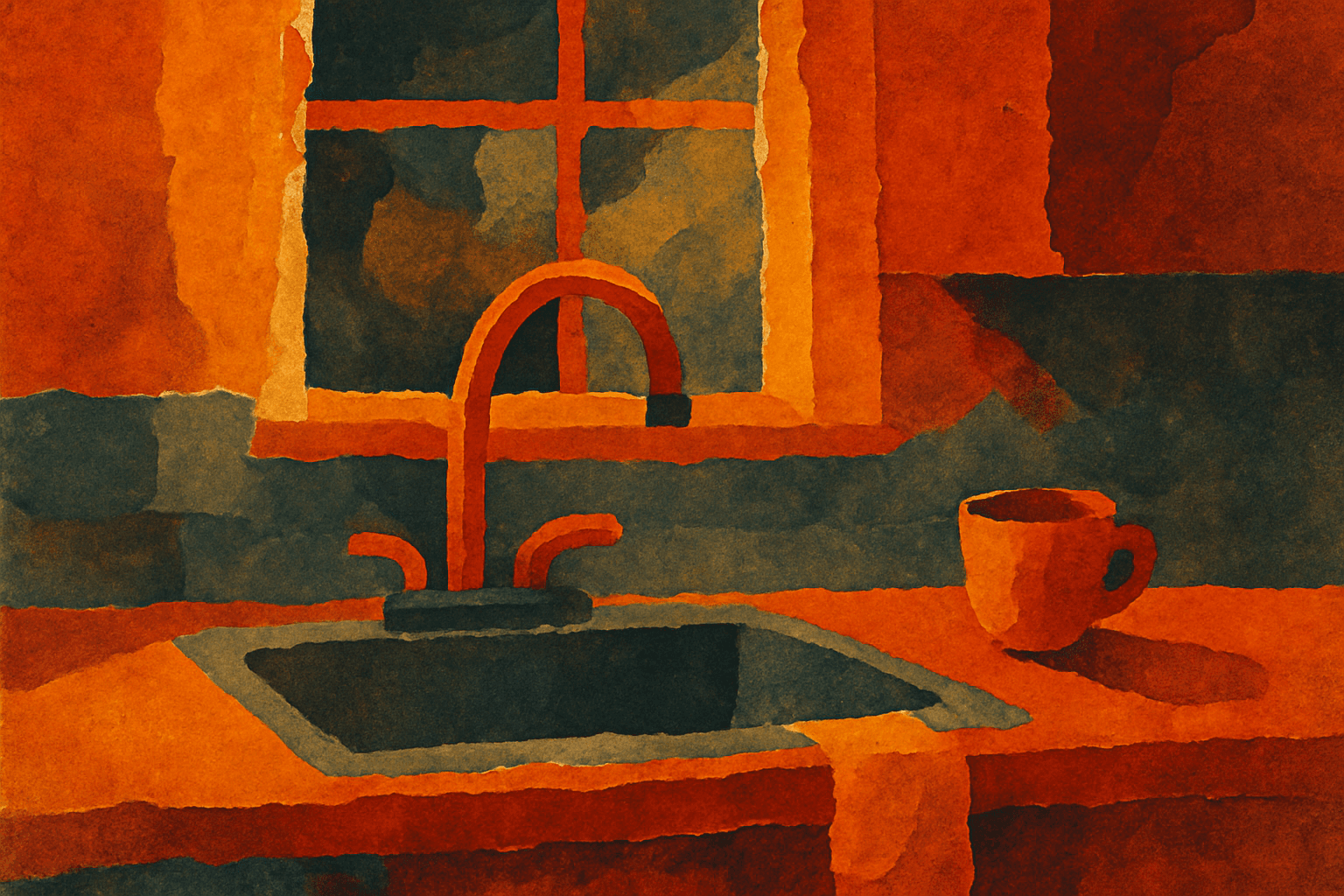 Visual interpretation of "Sleeping on the couch in the old house": Sleeping on the couch in the old house; Where the faucet pours hope and doubt