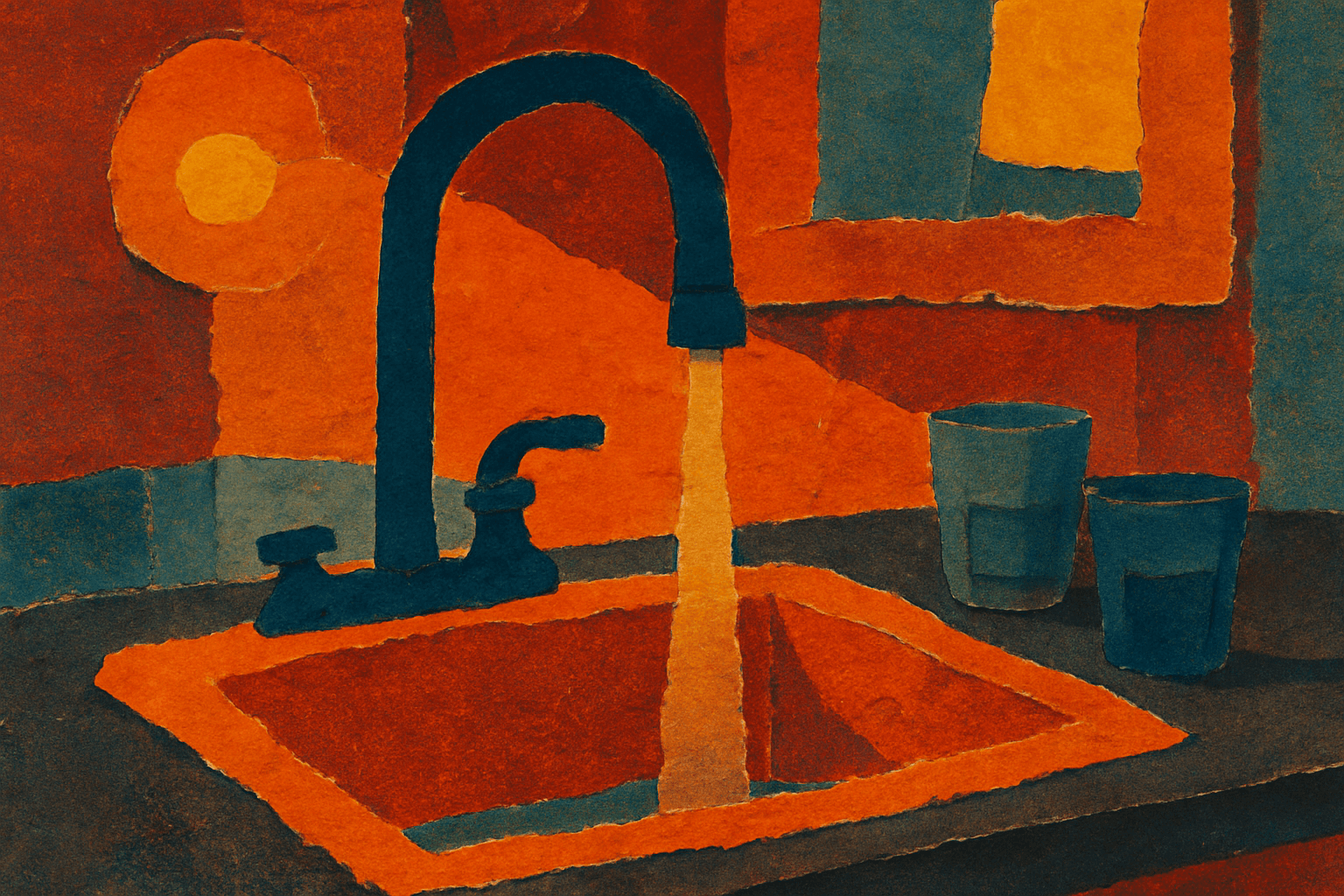 Visual interpretation of "Sleeping on the couch in the old house": Sleeping on the couch in the old house; Where the faucet pours hope and doubt