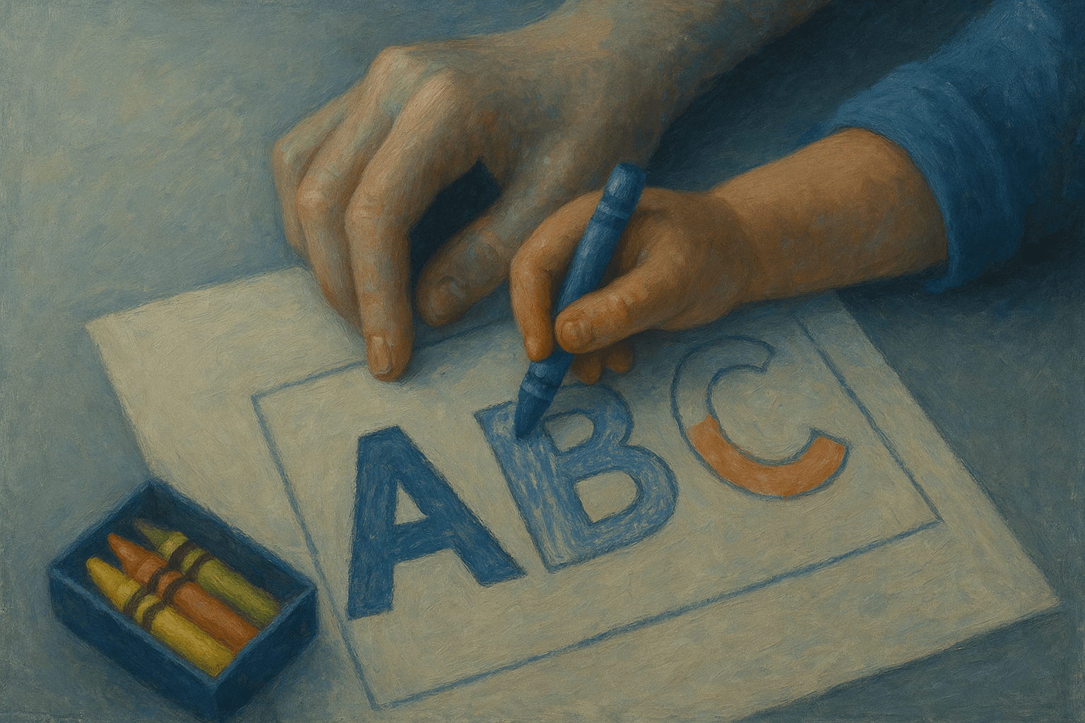 Visual interpretation of "Comes from love": I watched you with a 4-crayon pack,; Filling letters with a careful hand,