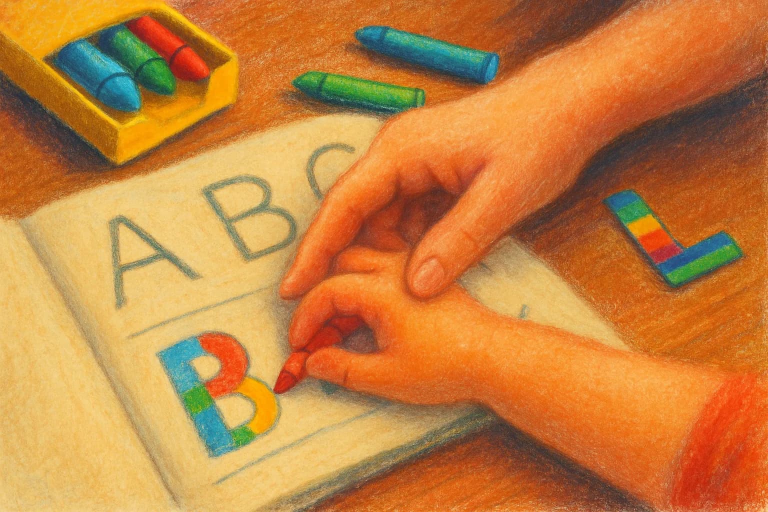 Artwork for "Comes from love", drawn from the lines: I watched you with a 4-crayon pack,; Filling letters with a careful hand,