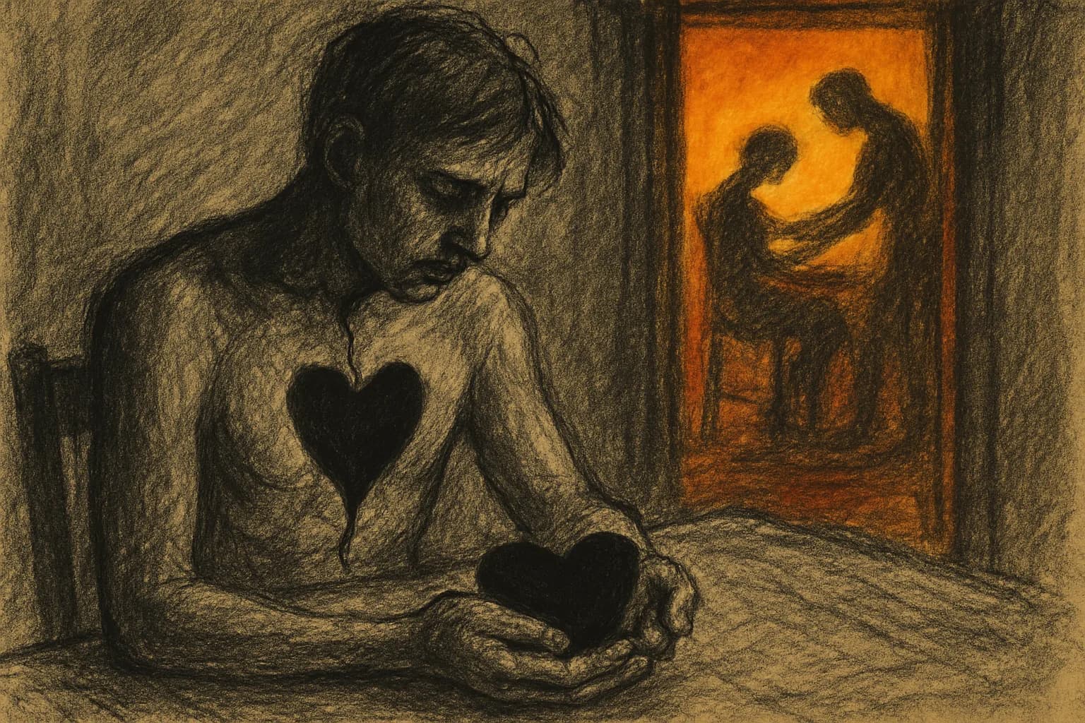 Artwork for "Fill the shape", drawn from the lines: One day, you'll watch a friend receive; The help you never knew to ask for.