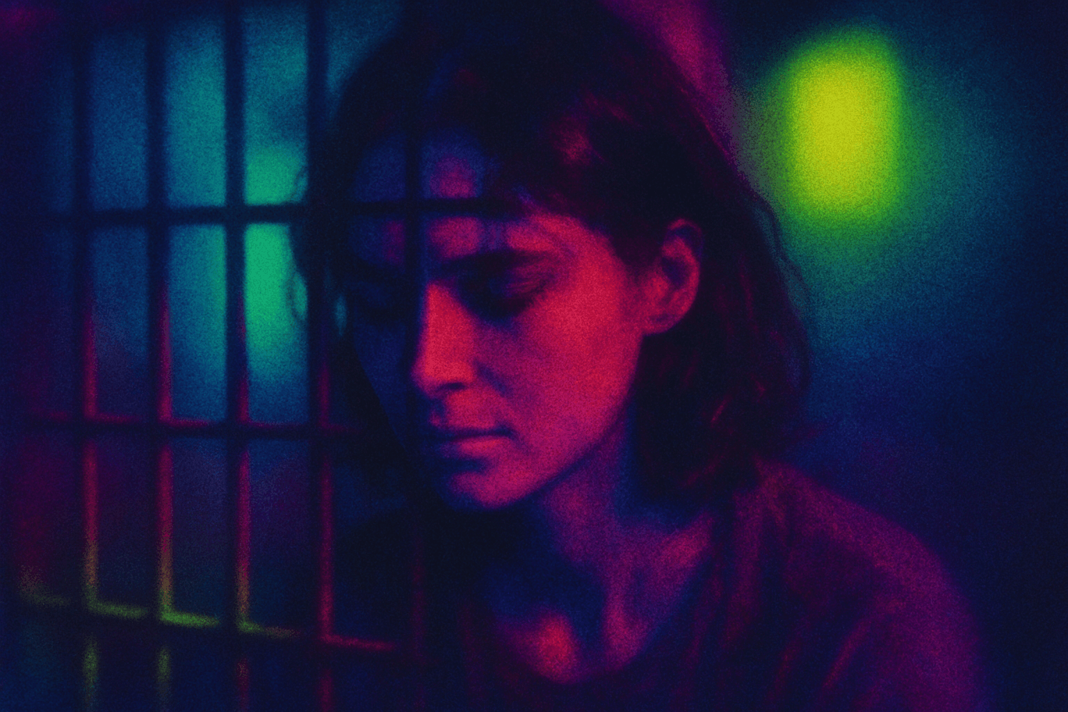 Visual interpretation of "Invisible prisons you locked yourself in": The long coupon bus rides; To the neon towers in the darkness.