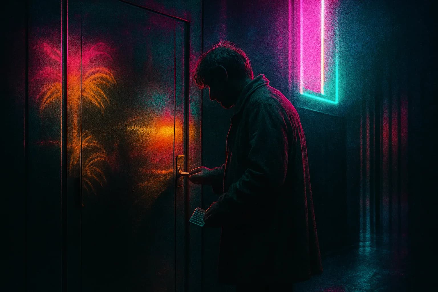 Artwork for "Invisible prisons you locked yourself in", drawn from the lines: The long coupon bus rides; To the neon towers in the darkness.