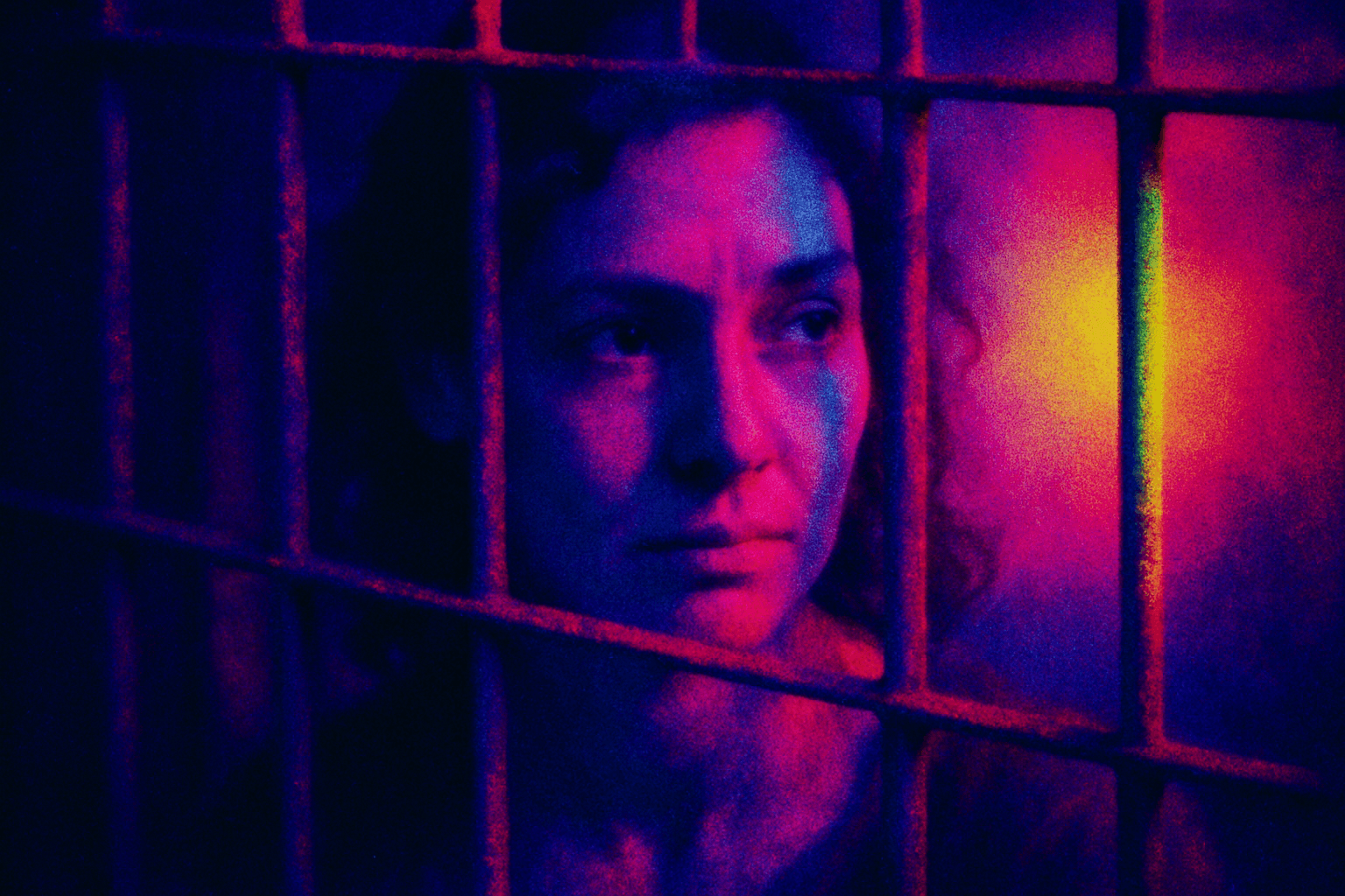 Visual interpretation of "Invisible prisons you locked yourself in": The long coupon bus rides; To the neon towers in the darkness.