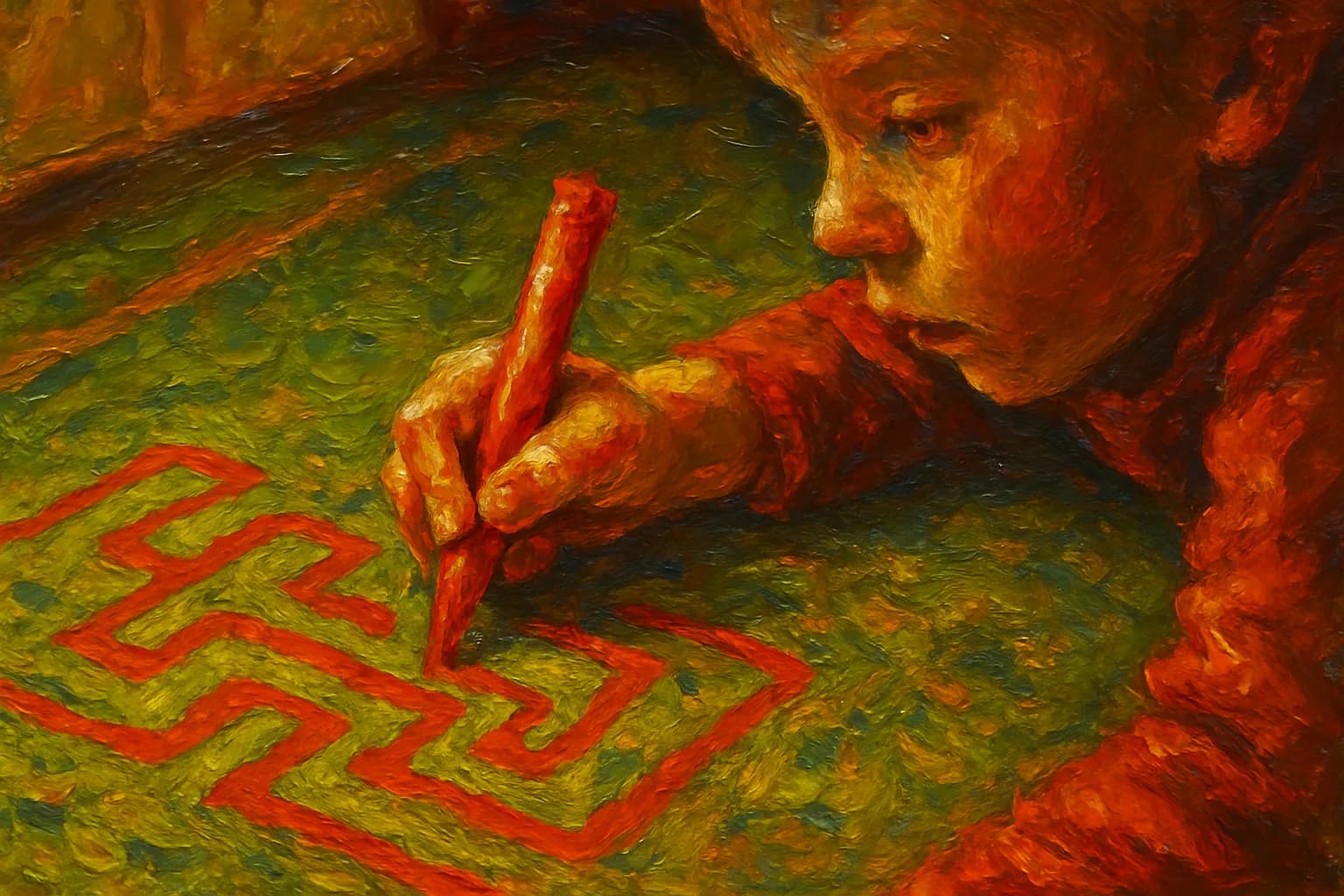 Artwork for "Tracing the beautiful illusion of control", drawn from the lines: The mazes you drew in red and orange; marker,