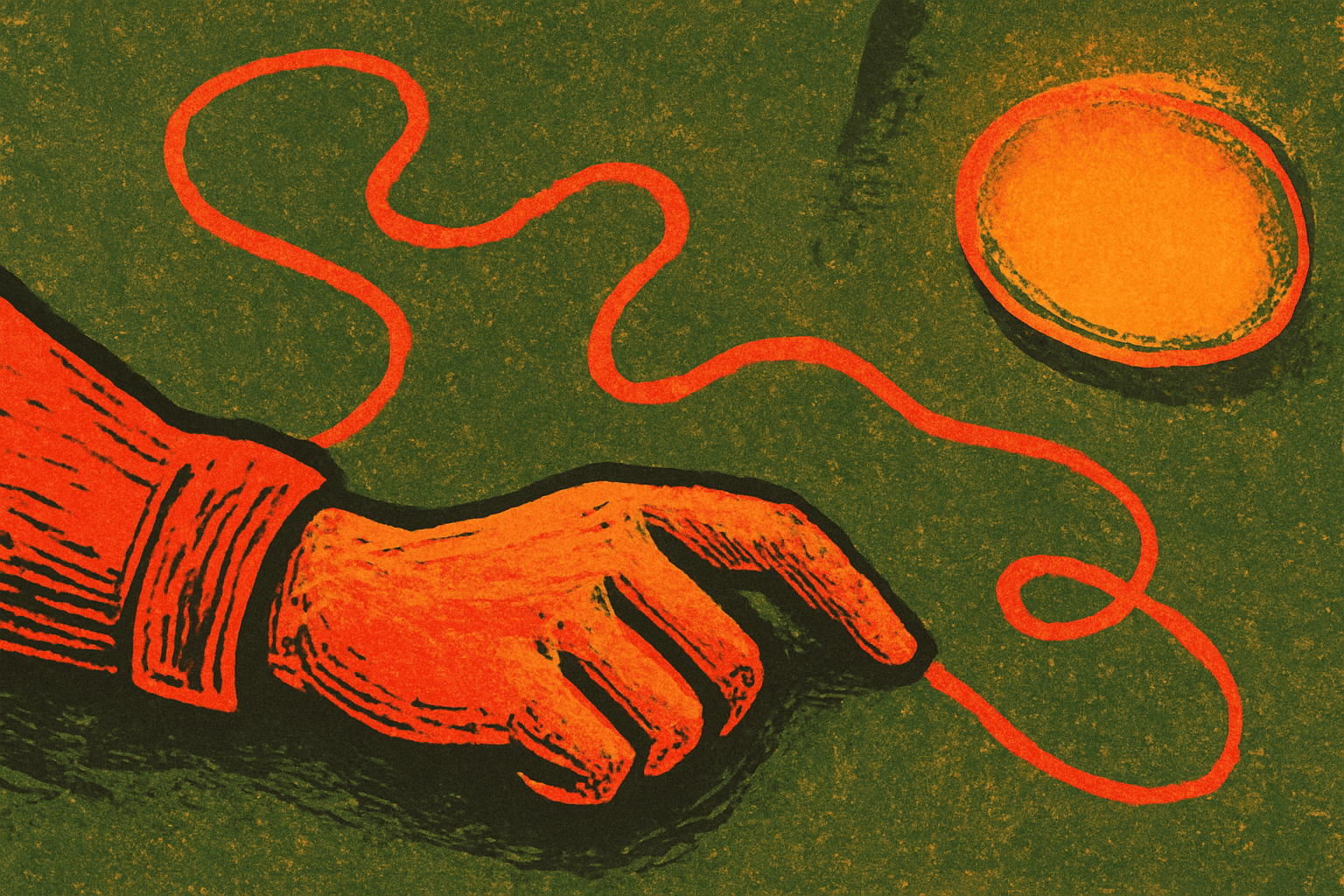 Visual interpretation of "Tracing the beautiful illusion of control": The mazes you drew in red and orange; marker,