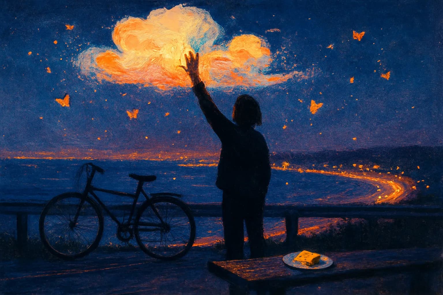 Artwork for "You touched the cloud", drawn from the lines: Butterflies and secret sparks; in long glittering hallways