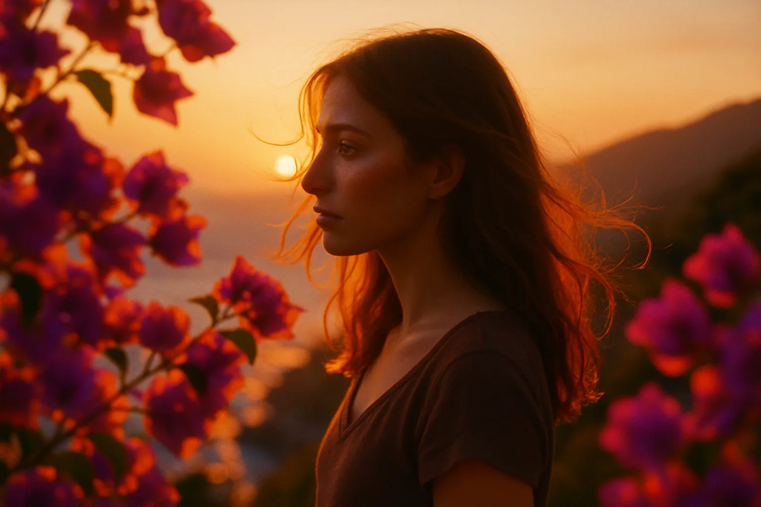 Artwork for "Bougainvillea", drawn from the lines: I watched her hair catch fire; On the promontory.