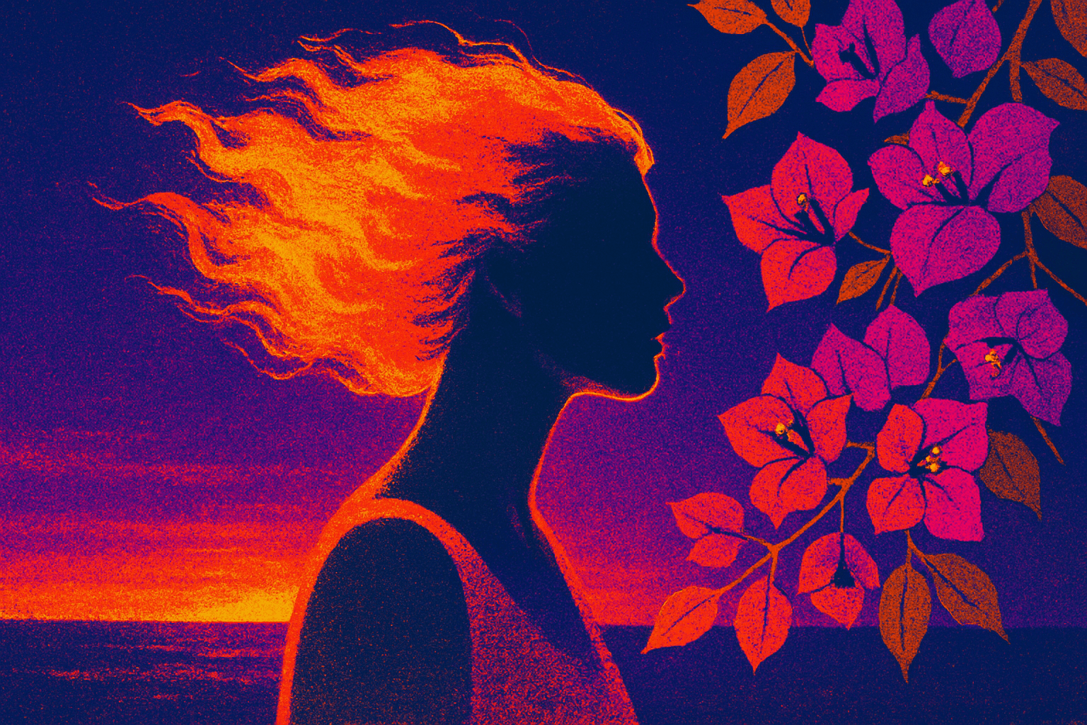 Visual interpretation of "Bougainvillea": I watched her hair catch fire; On the promontory.