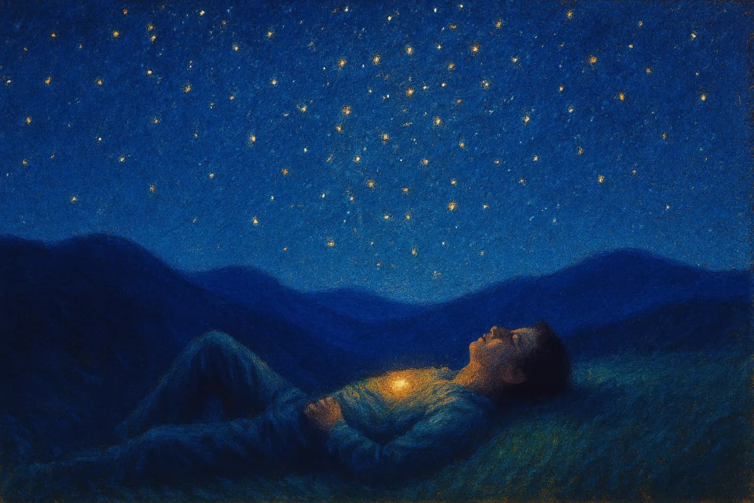 Artwork for "One summer night, you'll glimpse infinity.", drawn from the lines: One summer night, you'll glimpse infinity.; Climb the hill, between the