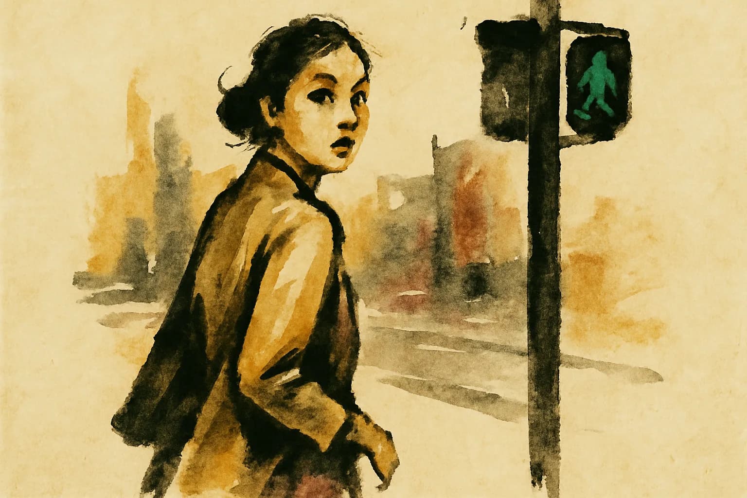 Artwork for "One day, on a corner, waiting for the light to change,", drawn from the lines: One day, on a corner, waiting for the light to change,; on a walk back home—