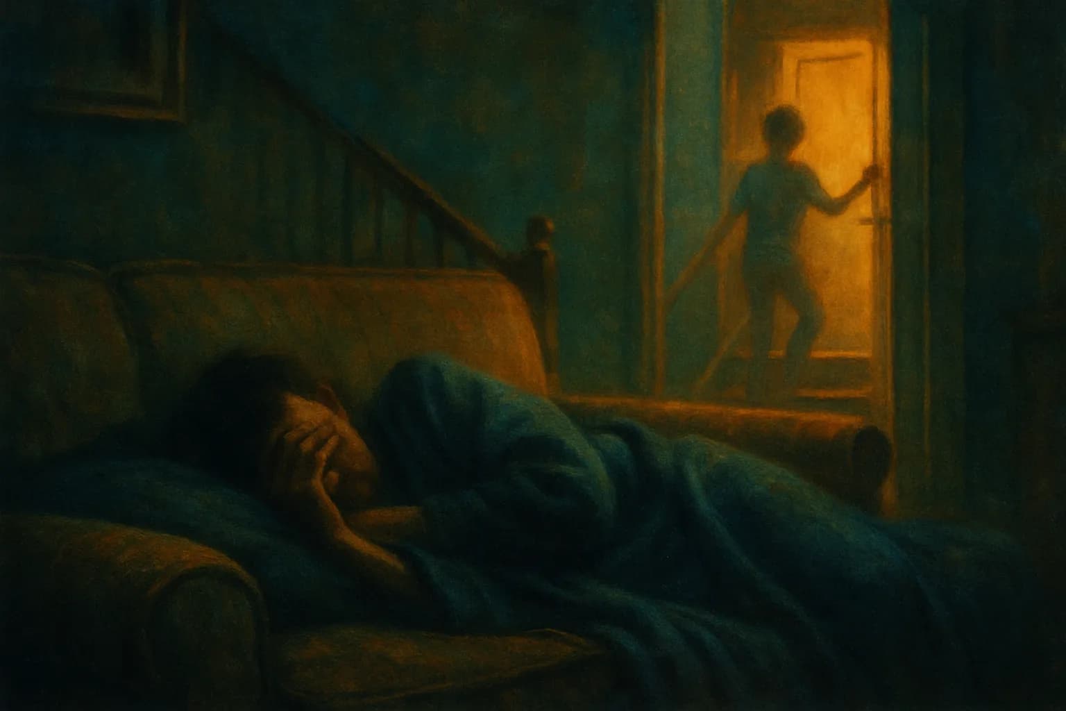 Artwork for "Sleeping on the couch in the old house", drawn from the lines: Sleeping on the couch in the old house; Where the faucet pours hope and doubt