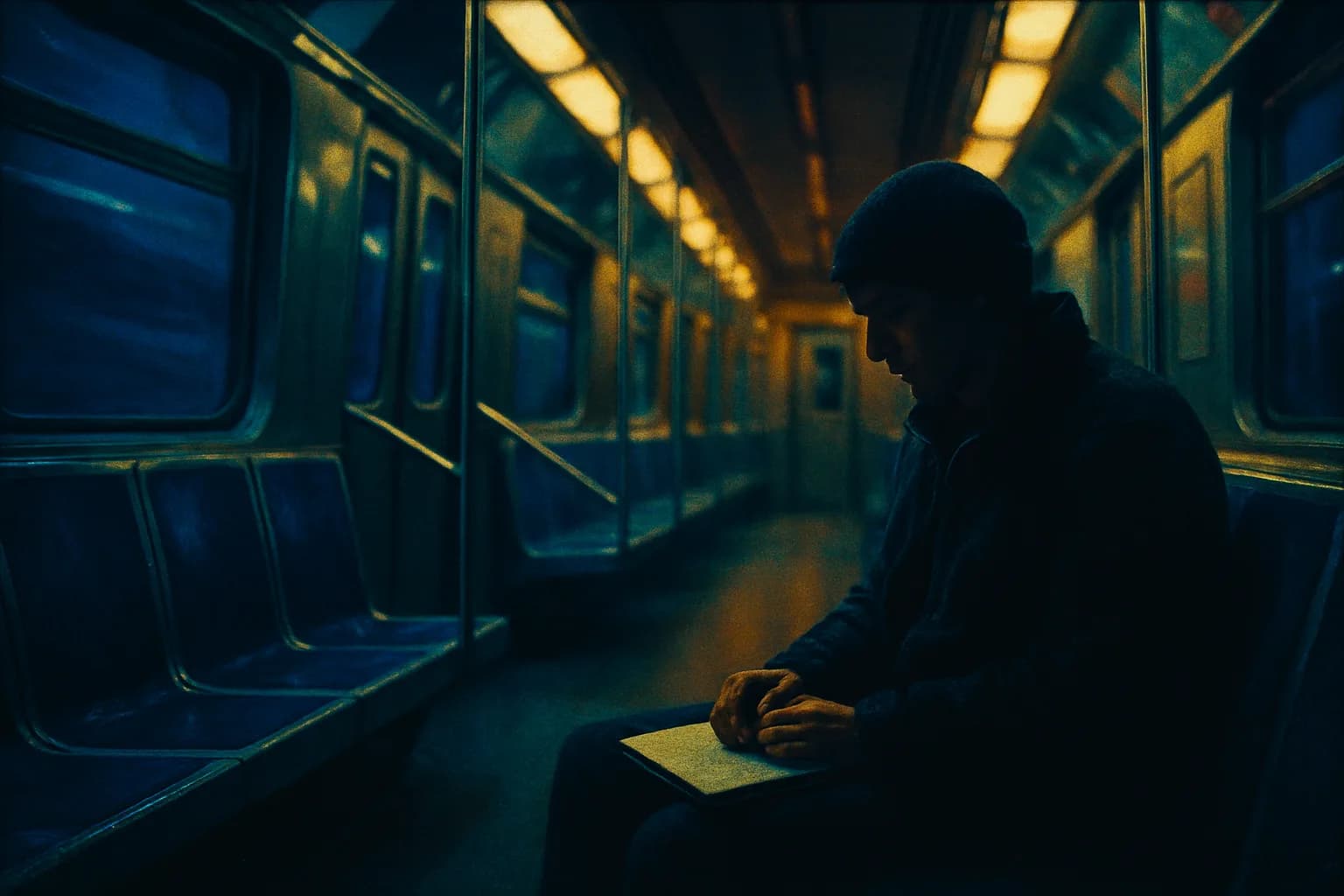 Artwork for "The underground snake-ship,", drawn from the lines: The underground snake-ship,; The blue hour bus ride,