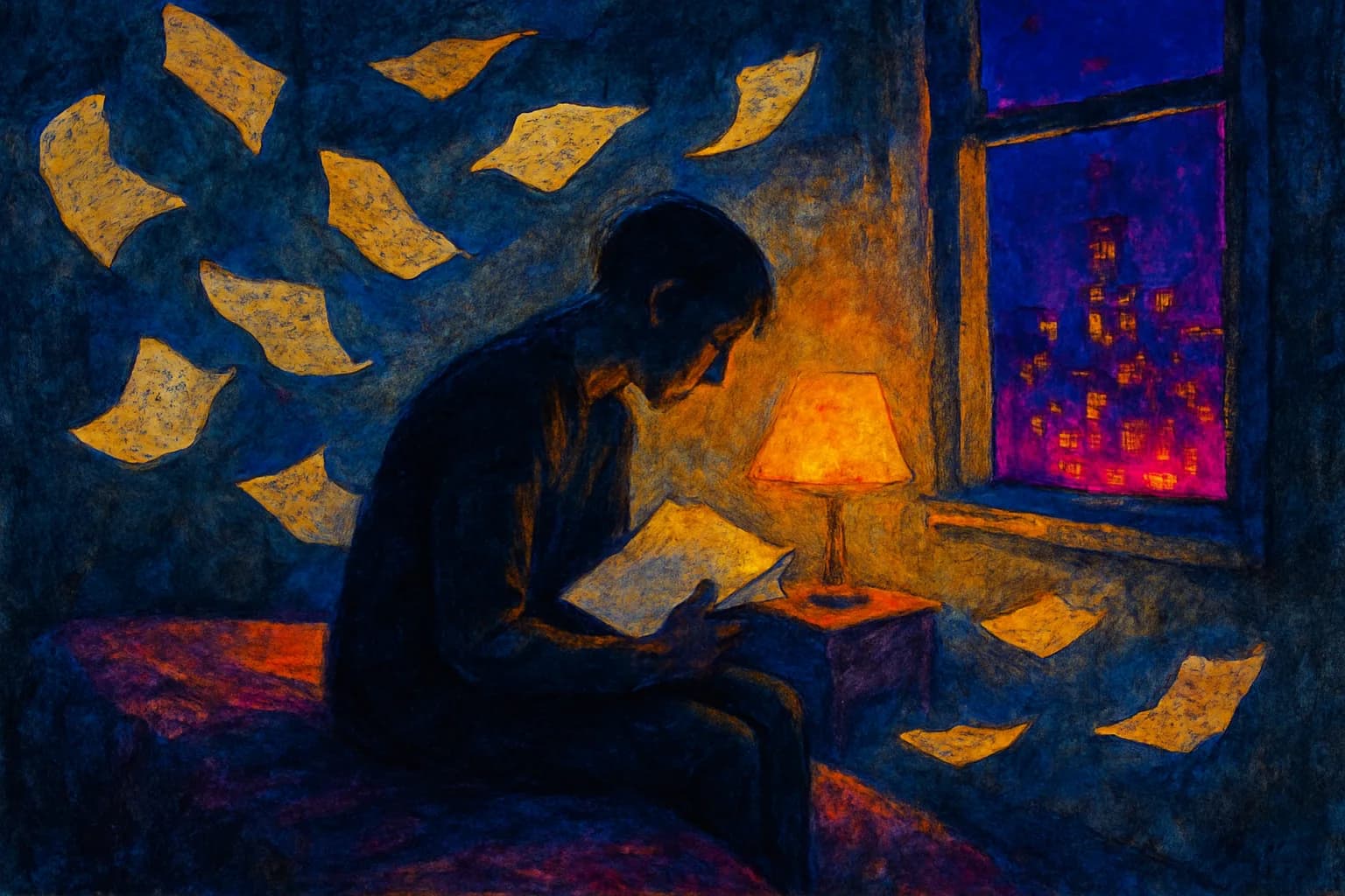 Artwork for "How will you begin?", drawn from the lines: Nights, years—nights, years—; Alone in your bedroom,