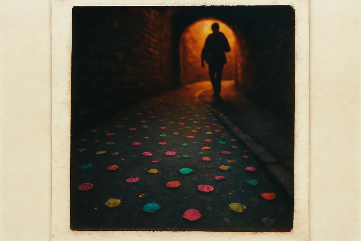 Artwork for "Revisit the darkness", drawn from the lines: What force draws you back to walk; the winding tunnel of