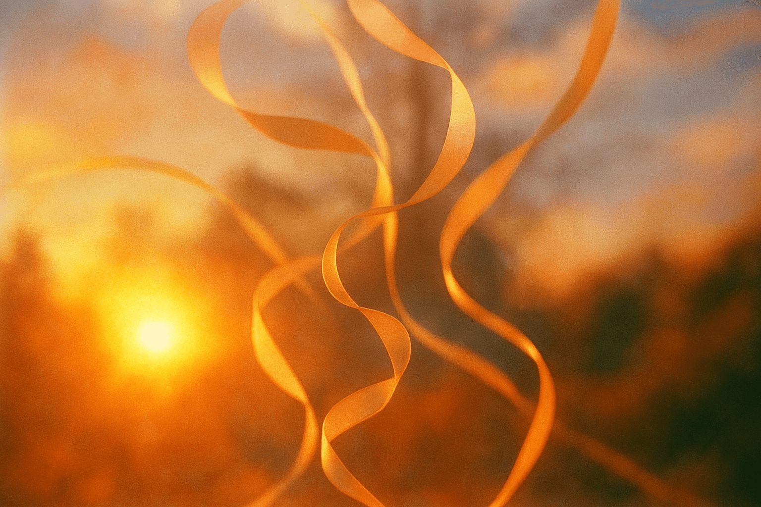 Visual interpretation of "Ribbons": Ribbons unfurl and dance across; your field of vision in the sunshine, their curls
