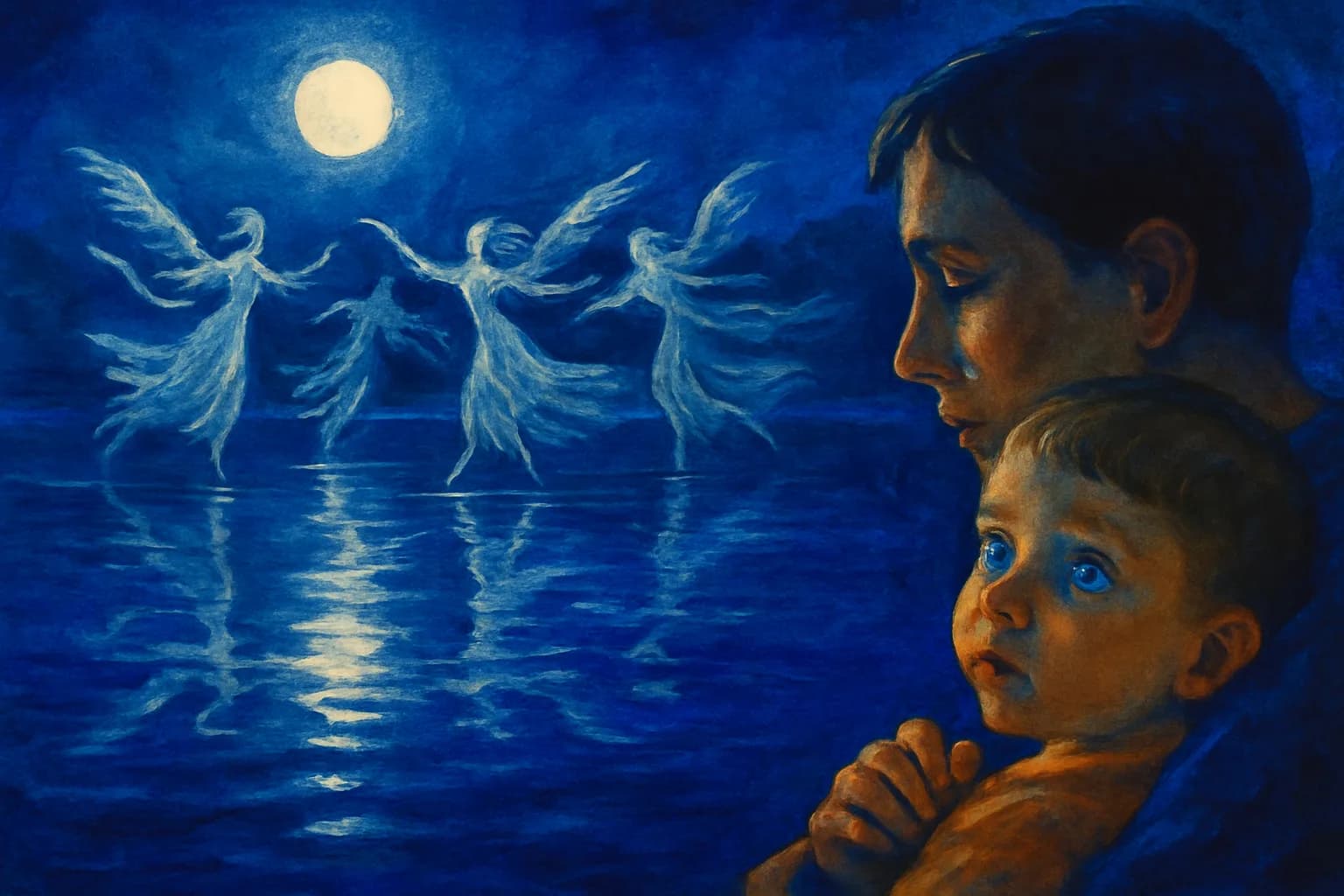 Artwork for "The argument against war", drawn from the lines: To dance beneath the moonlight; with ghosts across the still lake