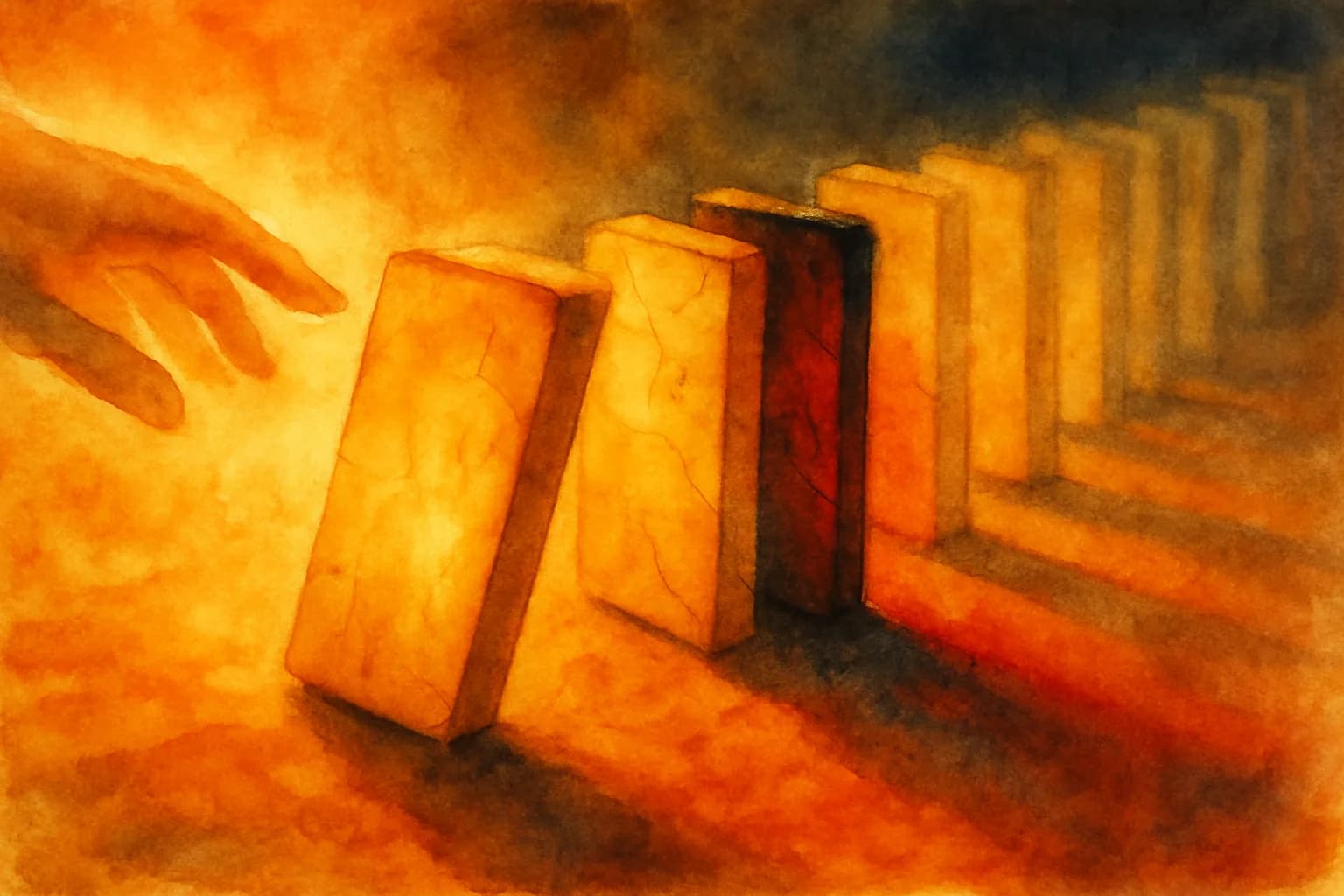 Artwork for "The domino cascade", drawn from the lines: How can you enhance the vision of; their goodness