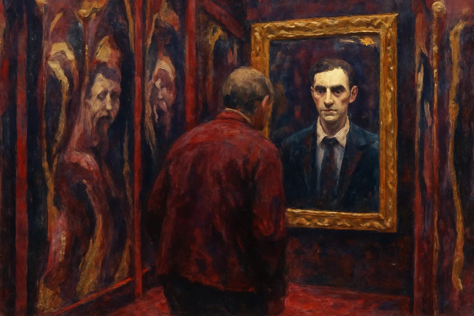 Artwork for "The life that you escaped", drawn from the lines: A thousand fun-house mirrors arrayed; Around you, reflecting the fragmented