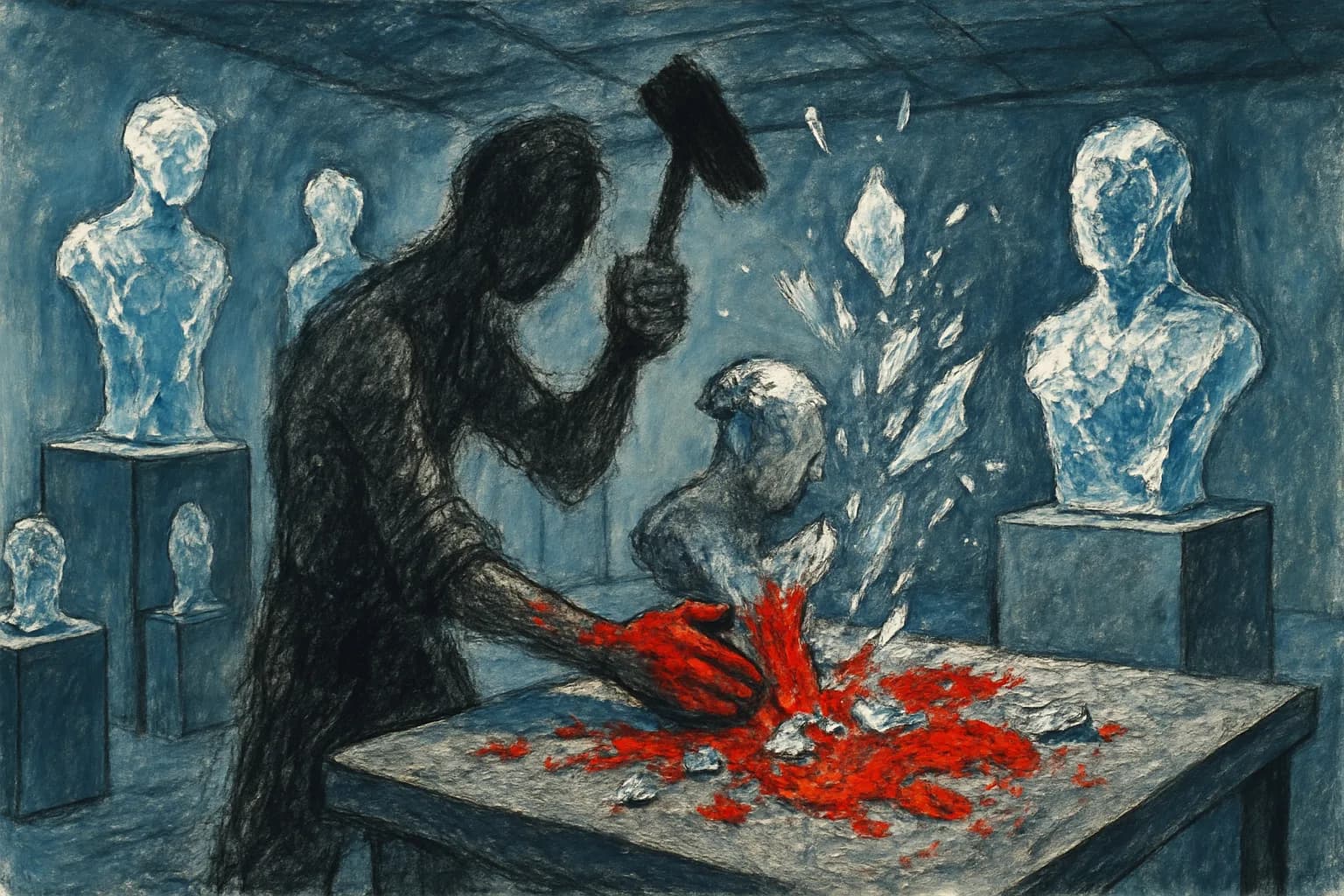 Artwork for "The shards that slice your hands", drawn from the lines: Each pivotal moment,; Each crucial scene, frozen in time,