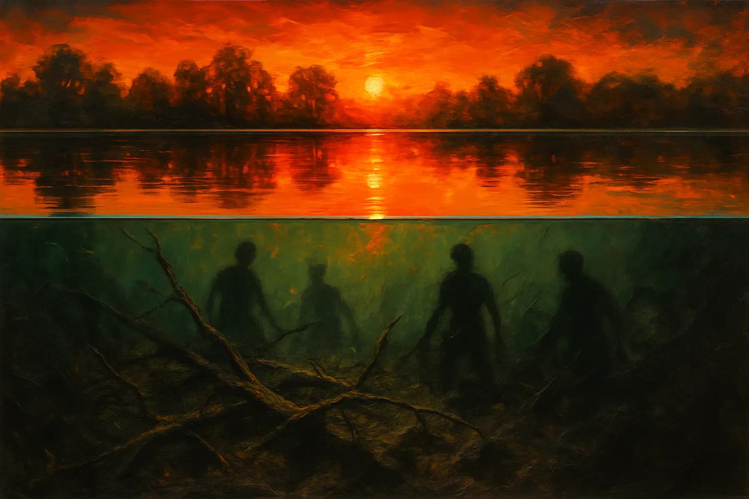 Artwork for "Yet the surface still, remains so perfect", drawn from the lines: The surface of the giant lake before you; Is so still,